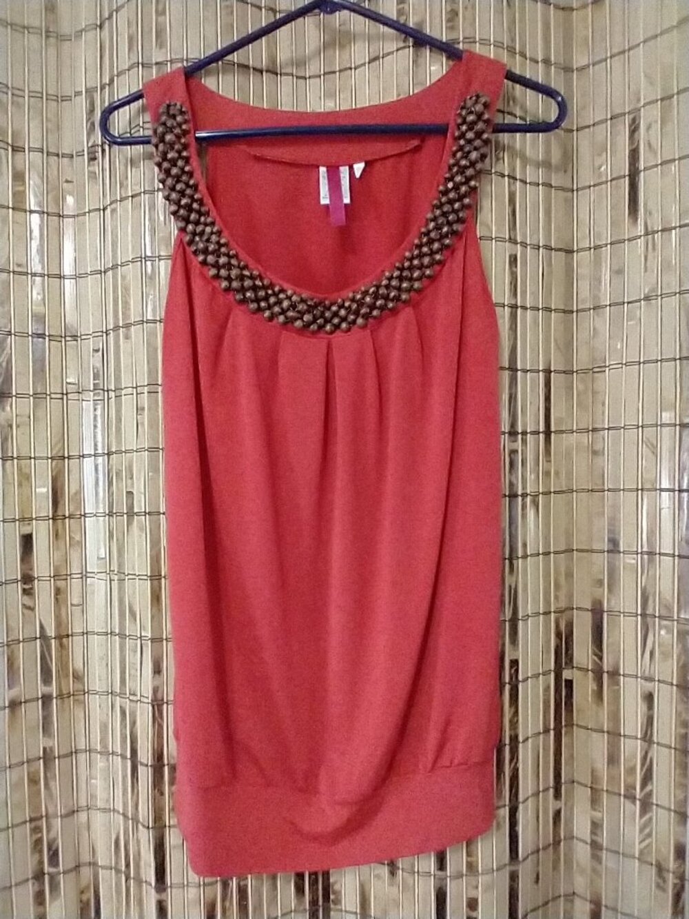Coral Red Sleeveless Blouse Wooden Beaded Collar Banded Hem Plus Size XL